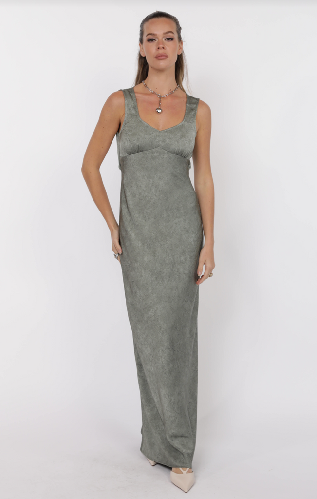 Steel grey satin maxi dress from Sophie May Boutique, perfect for special occasions, featuring flirty open back detail.