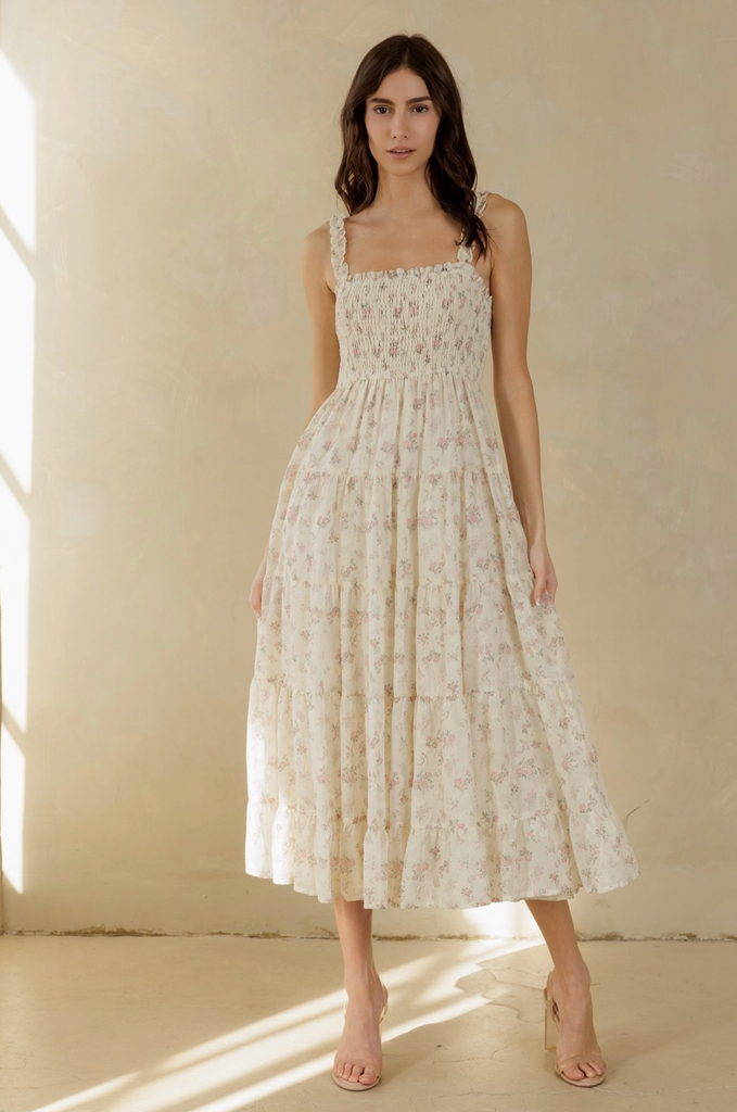 Cream pink floral maxi dress from Sophie May Boutique, perfect for summer events and garden parties.