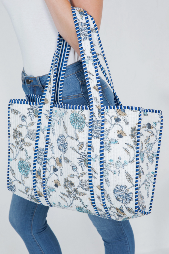 Quilted Tote Bag in blue floral design, perfect for summer, from Sophie May women's clothing boutique.