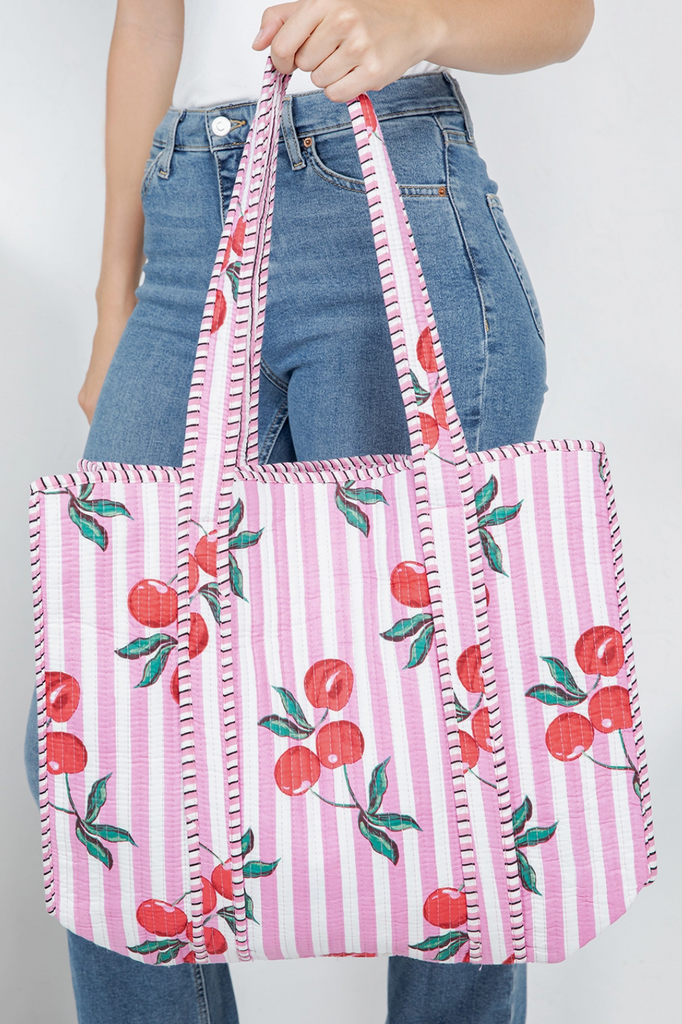 Sophie May Boutique Quilted Tote Bag with cherry print, perfect for everyday use and summer styles.