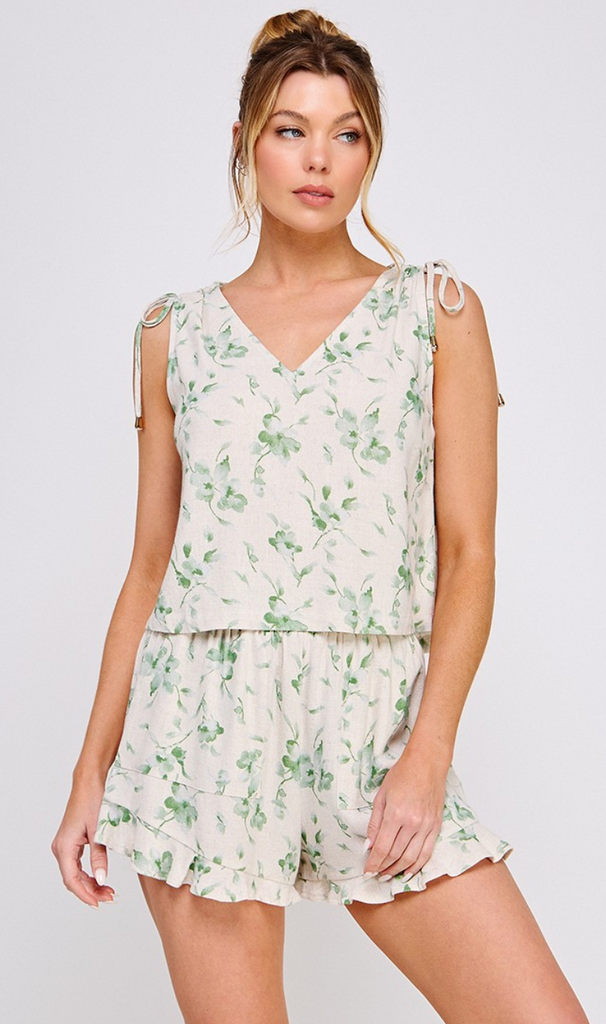Emily Linen Tank top from Sophie May Boutique, featuring floral print and shoulder drawstrings, perfect for summer outfits.