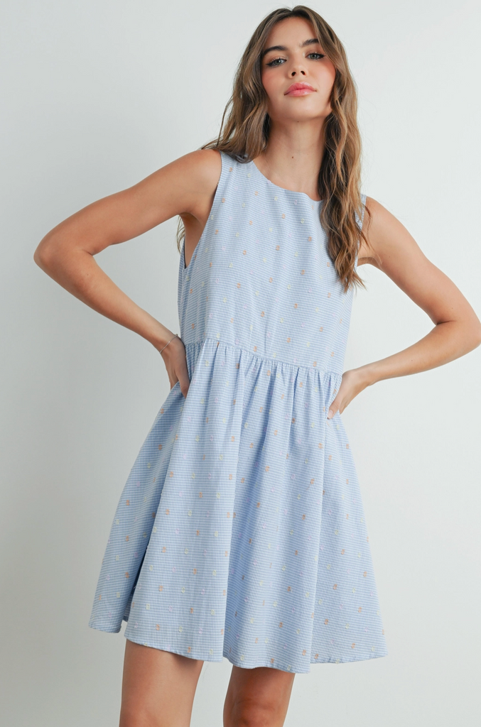 Mini Back Tie Dress from Sophie May Boutique, perfect summer dress in soft hues, stylish and versatile for any occasion.