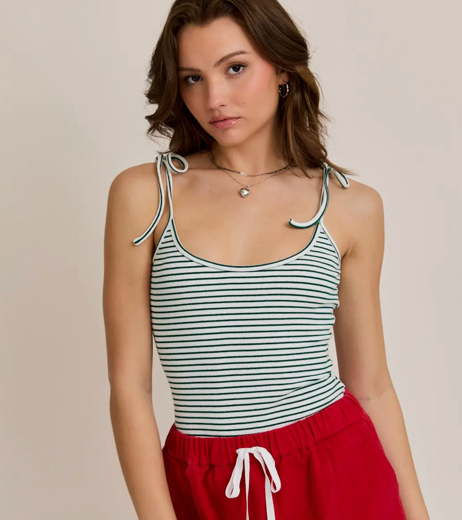 Shoulder tie strap bodysuit from Sophie May Boutique, perfect for summer fashion with a trendy striped design.