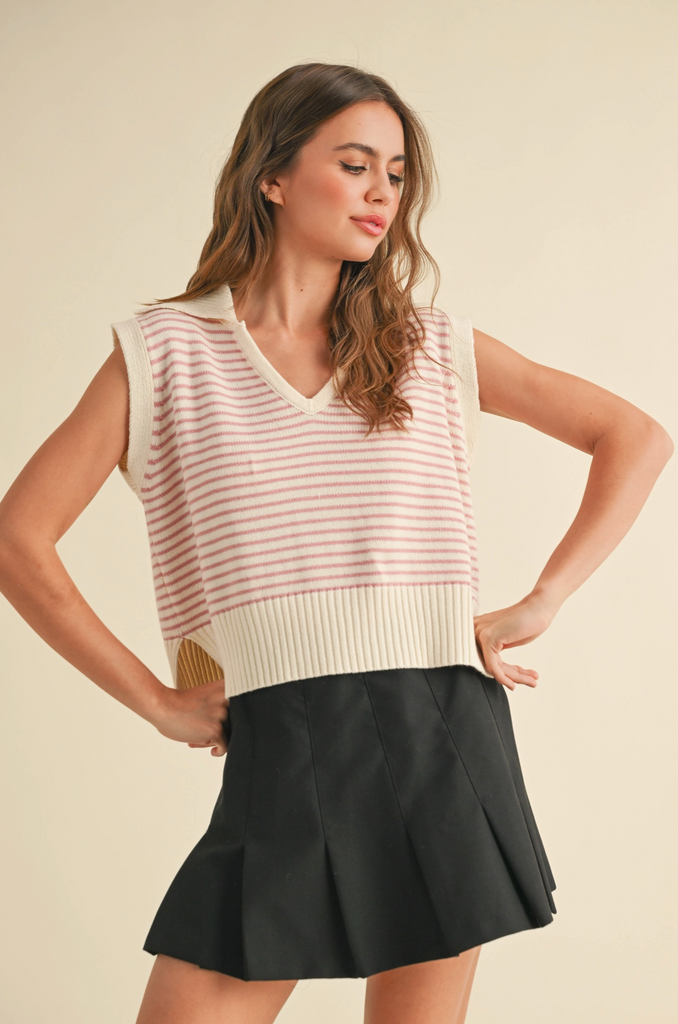 V-Neck Stripe Collar Knitted Top