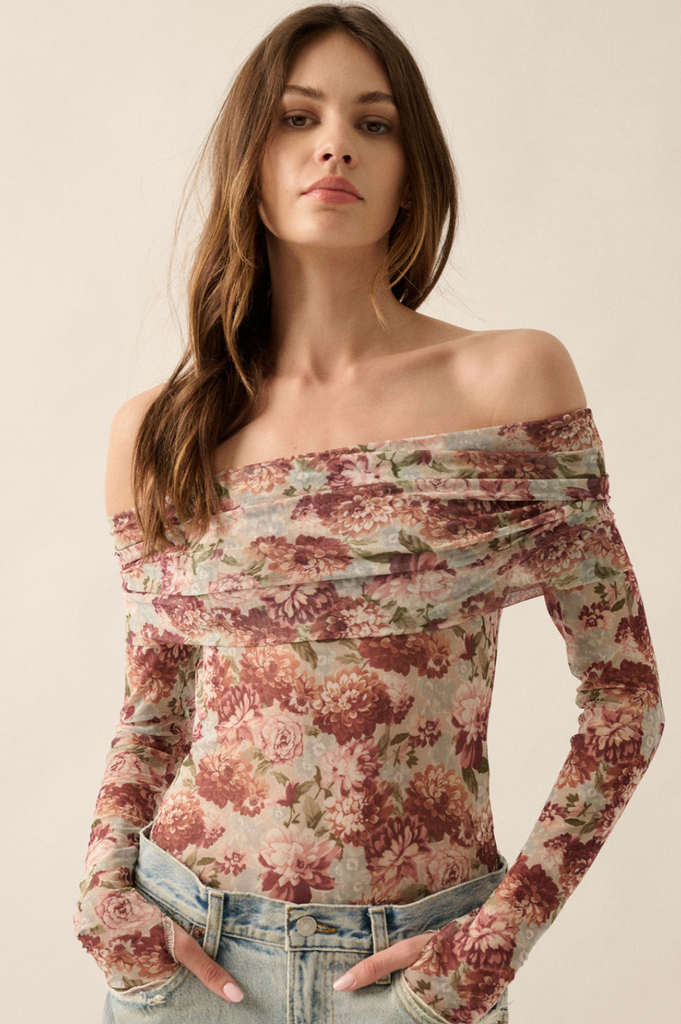 Floral Mesh Off the Shoulder Bodysuit