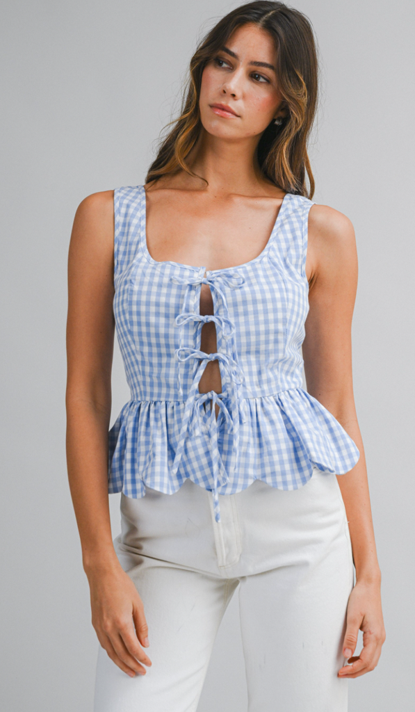 Gingham Plaid Sleeveless Front Tie Top