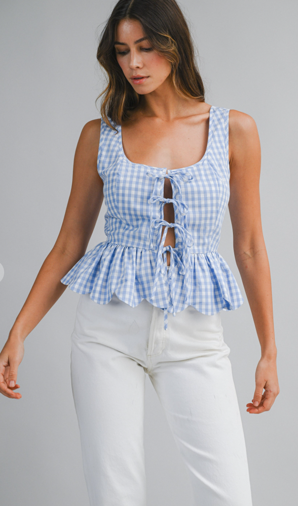 Gingham Plaid Sleeveless Front Tie Top