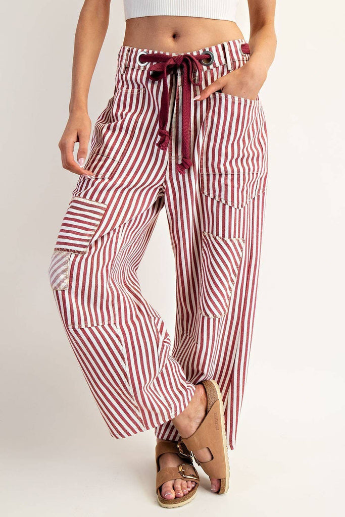 Striped Barrel Pants with drawstring, oversized fit, and patchwork pockets from Sophie May Boutique.