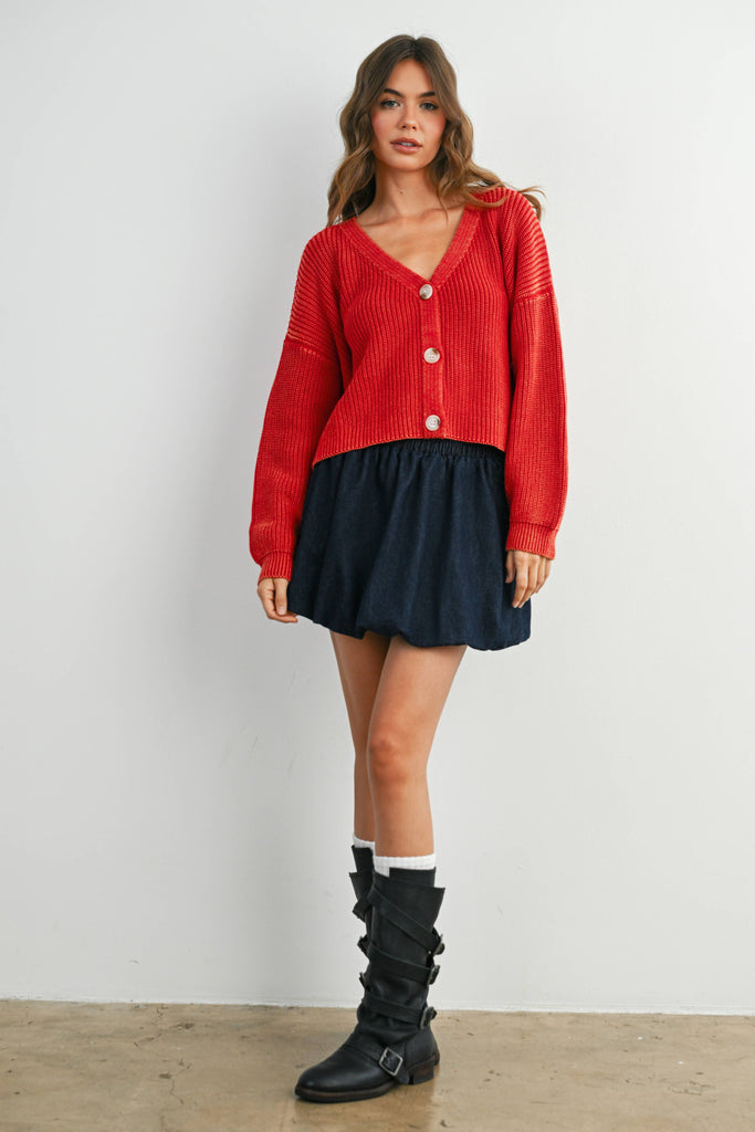 V-Neck Buttoned Ribbed Long Sleeve Cardigan