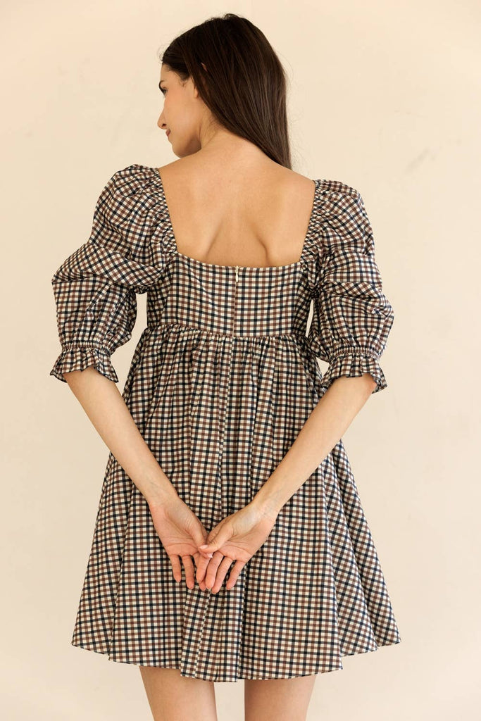 Gingham Puff Sleeve Babydoll Dress