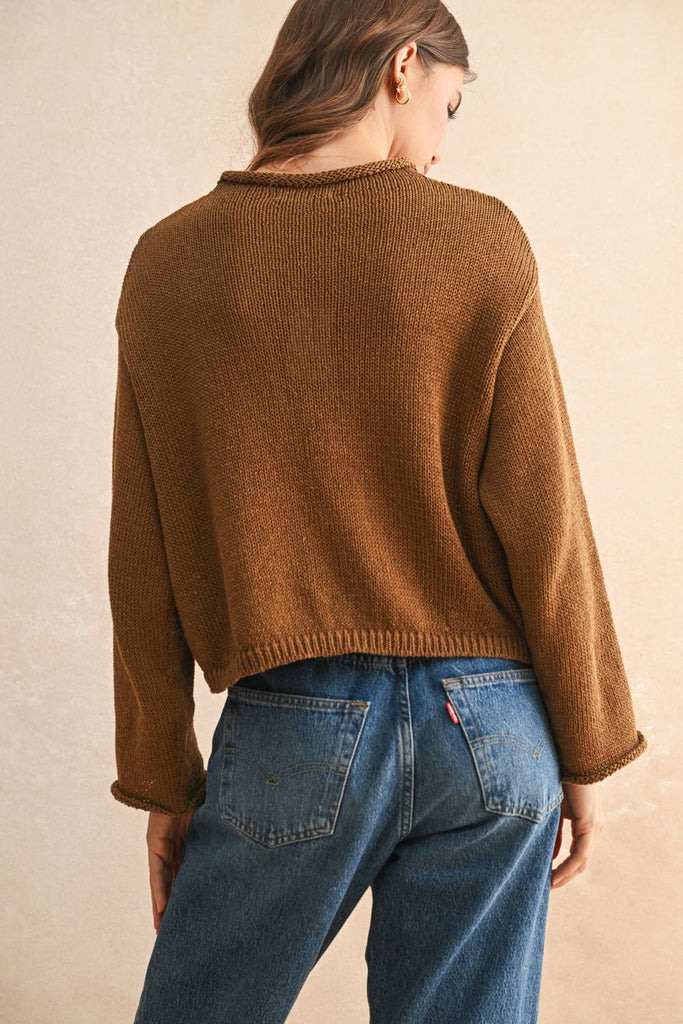 Front Button Cardigan in brown, lightweight women’s clothing from an online women’s boutique, perfect for casual wear.