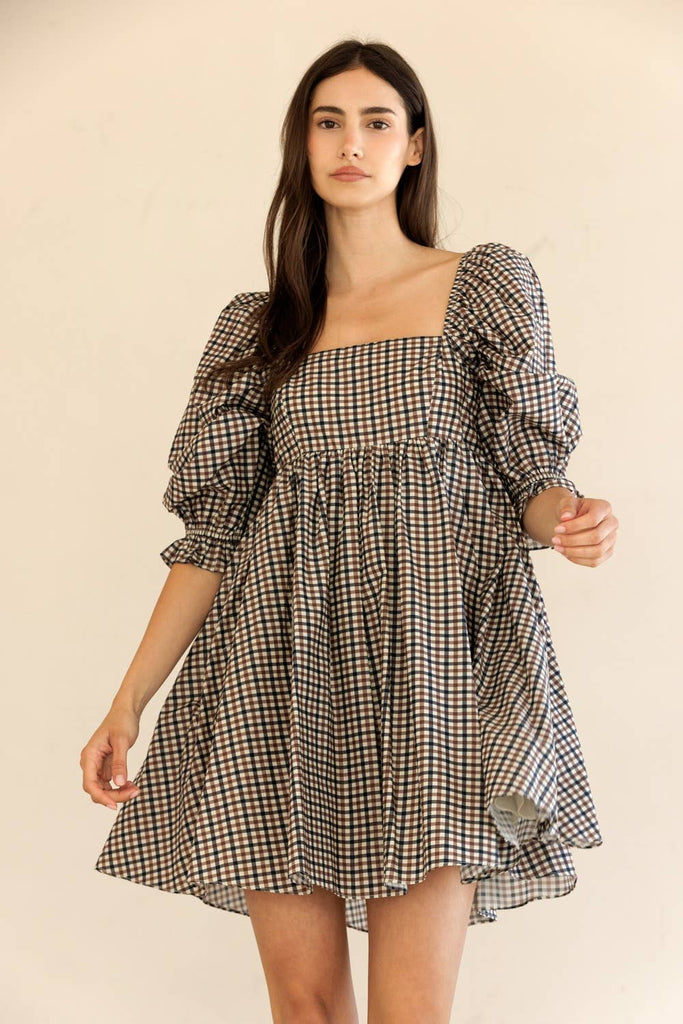 Gingham Puff Sleeve Babydoll Dress