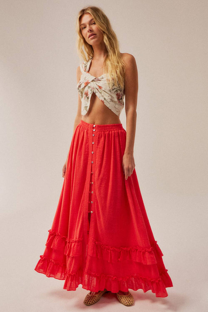 Button-Front Ruffled Maxi Skirt